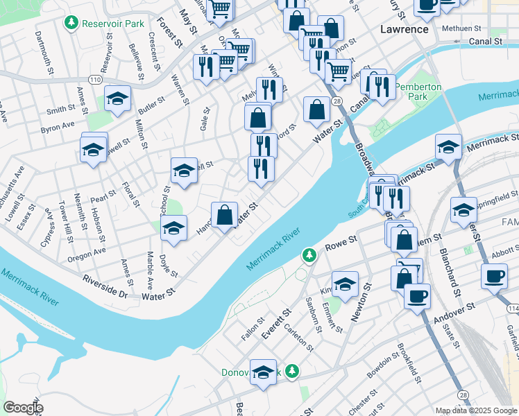 map of restaurants, bars, coffee shops, grocery stores, and more near 158 Water Street in Lawrence