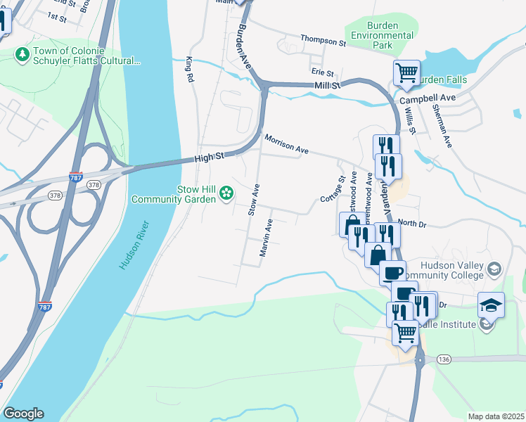 map of restaurants, bars, coffee shops, grocery stores, and more near 24 Cottage Street in Troy