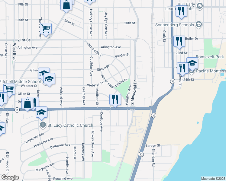 map of restaurants, bars, coffee shops, grocery stores, and more near 2710 James Boulevard in Racine