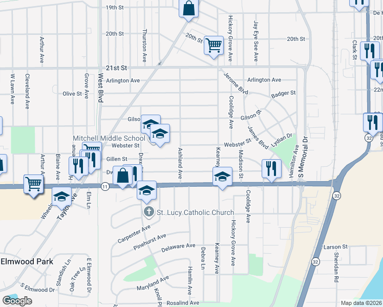 map of restaurants, bars, coffee shops, grocery stores, and more near 2412 Gillen Street in Racine