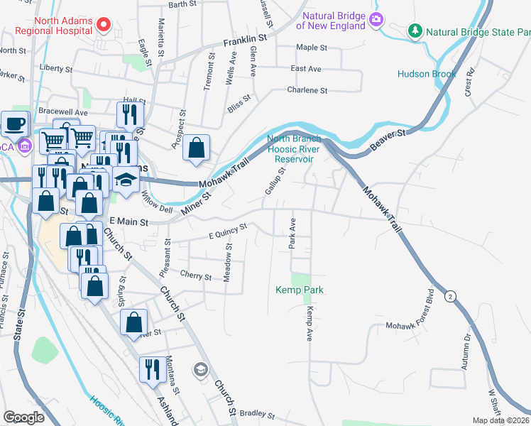 map of restaurants, bars, coffee shops, grocery stores, and more near 416 East Main Street in North Adams