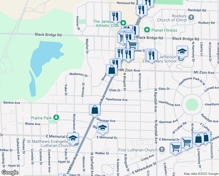 map of restaurants, bars, coffee shops, grocery stores, and more near 1204 Milton Avenue in Janesville