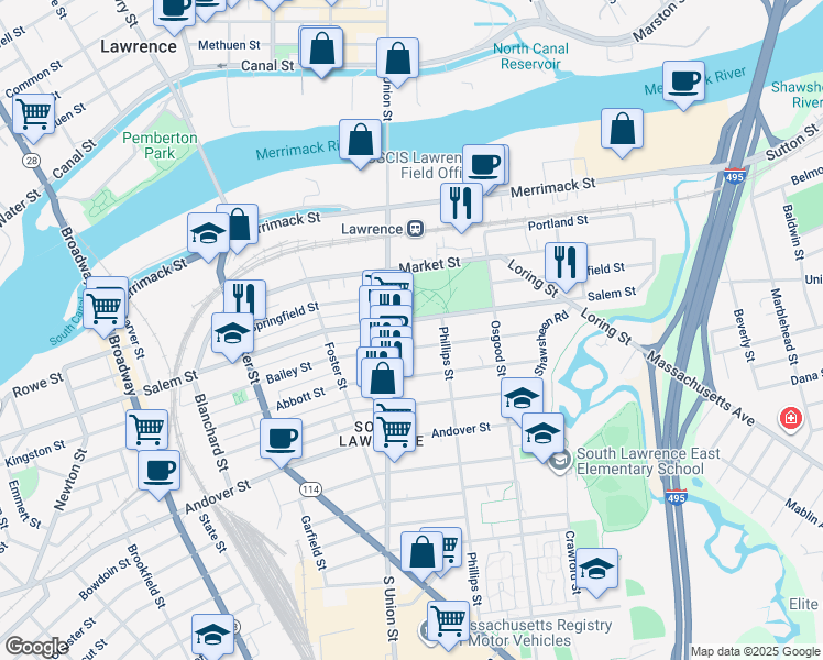 map of restaurants, bars, coffee shops, grocery stores, and more near 82 Salem Street in Lawrence