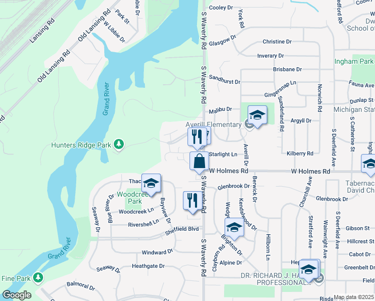 map of restaurants, bars, coffee shops, grocery stores, and more near 3935 Hunters Ridge Drive in Lansing