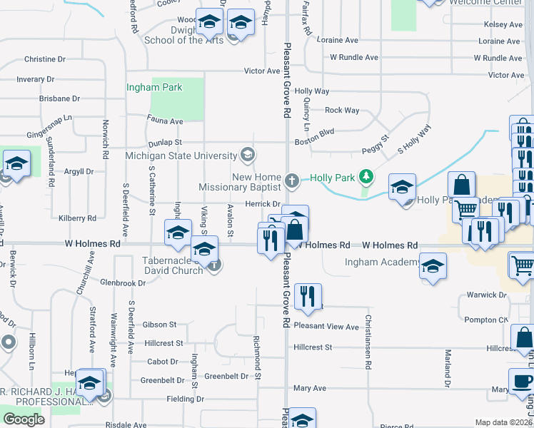 map of restaurants, bars, coffee shops, grocery stores, and more near 3311 Maloney Street in Lansing