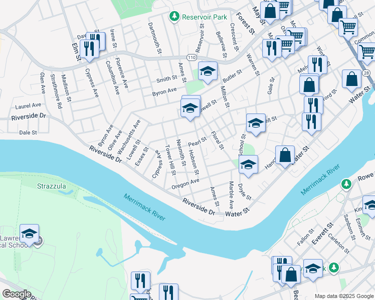 map of restaurants, bars, coffee shops, grocery stores, and more near 52 Hobson Street in Lawrence