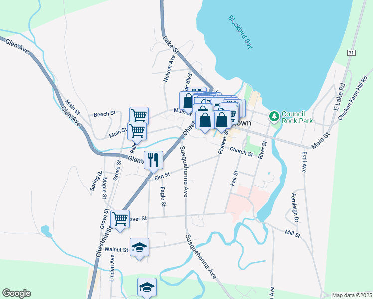 map of restaurants, bars, coffee shops, grocery stores, and more near 7 Susquehanna Ave in Cooperstown