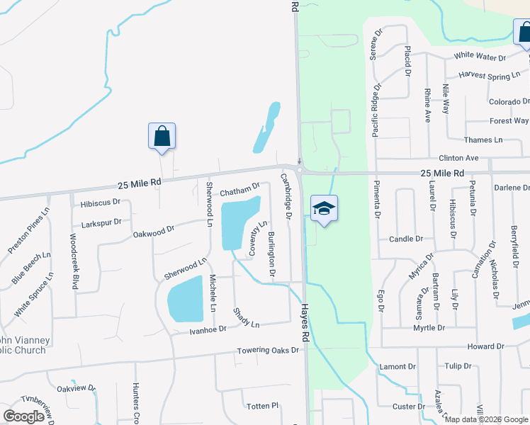 map of restaurants, bars, coffee shops, grocery stores, and more near 54785 Burlington Drive in Macomb County