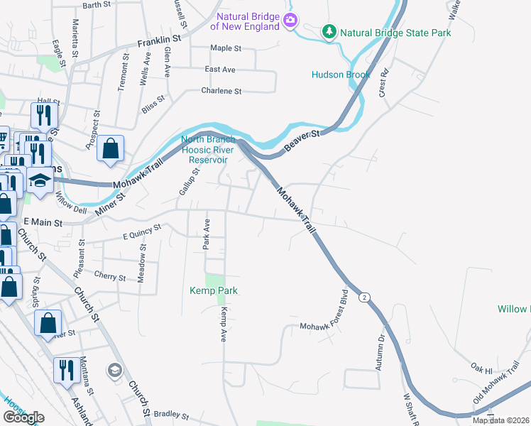 map of restaurants, bars, coffee shops, grocery stores, and more near 535-571 E Main St in North Adams