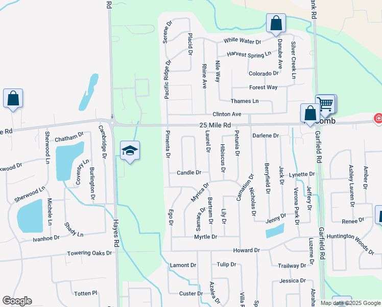 map of restaurants, bars, coffee shops, grocery stores, and more near 54741 Mahogany Drive in Macomb