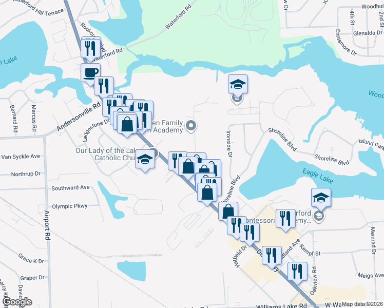 map of restaurants, bars, coffee shops, grocery stores, and more near 4125 Rural Street in Waterford Township