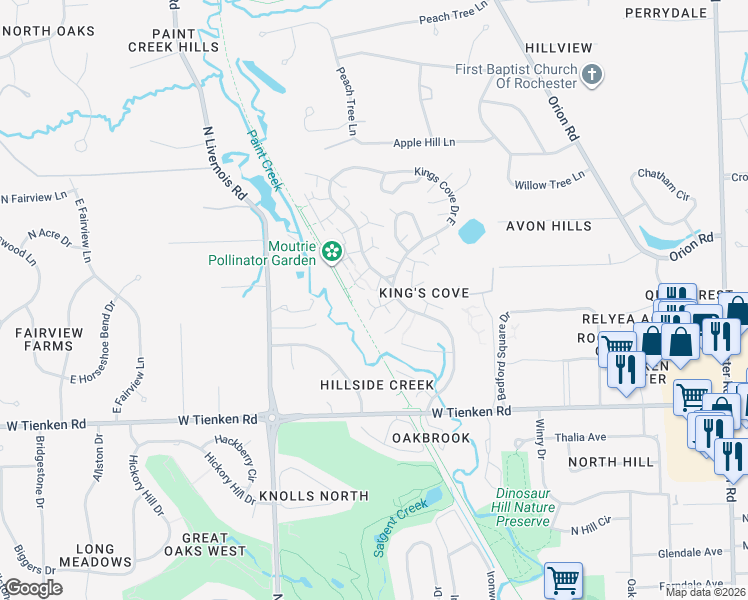 map of restaurants, bars, coffee shops, grocery stores, and more near 1267 Candlestick Lane in Rochester Hills