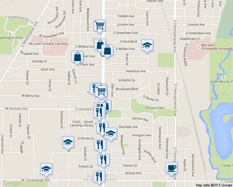 map of restaurants, bars, coffee shops, grocery stores, and more near 519 S Dexter Dr in Lansing