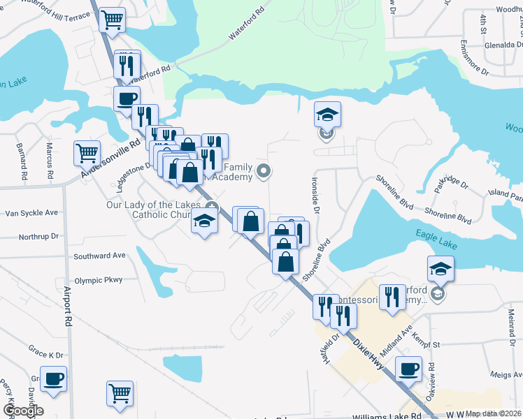 map of restaurants, bars, coffee shops, grocery stores, and more near 4125 Rural Street in Waterford Township