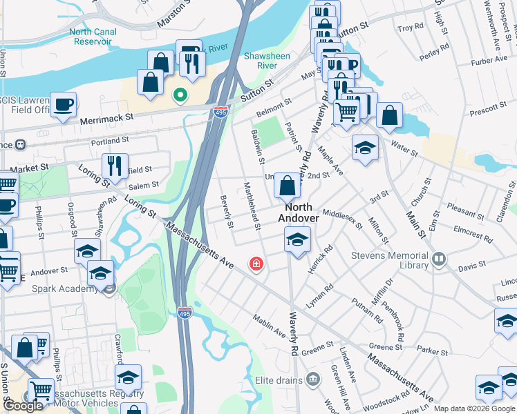 map of restaurants, bars, coffee shops, grocery stores, and more near 261 Middlesex Street in North Andover