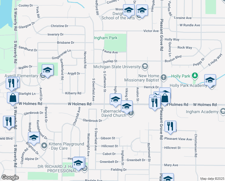 map of restaurants, bars, coffee shops, grocery stores, and more near 3308 Ingham St in Lansing