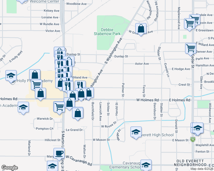 map of restaurants, bars, coffee shops, grocery stores, and more near 616 West Berry Avenue in Lansing
