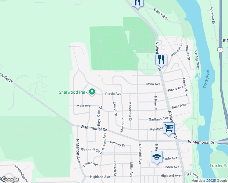 map of restaurants, bars, coffee shops, grocery stores, and more near 2020 Purvis Avenue in Janesville