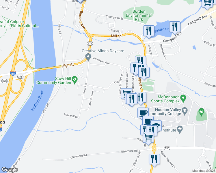 map of restaurants, bars, coffee shops, grocery stores, and more near 59 Cottage Street in Troy