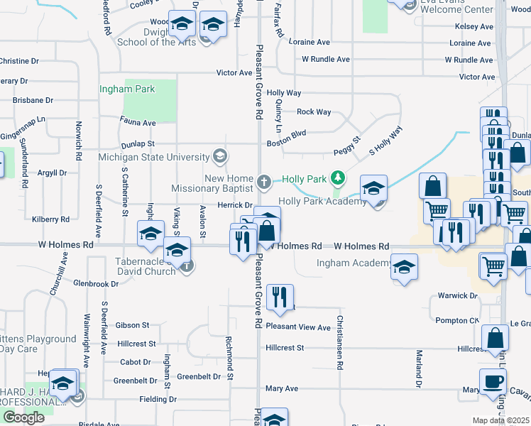 map of restaurants, bars, coffee shops, grocery stores, and more near 3309 Pleasant Grove Road in Lansing