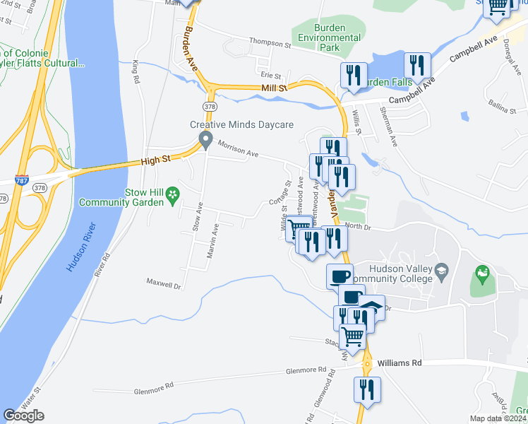 map of restaurants, bars, coffee shops, grocery stores, and more near 59 Cottage Street in Troy