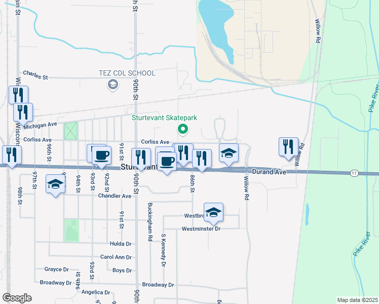 map of restaurants, bars, coffee shops, grocery stores, and more near 2929 87th Street in Sturtevant