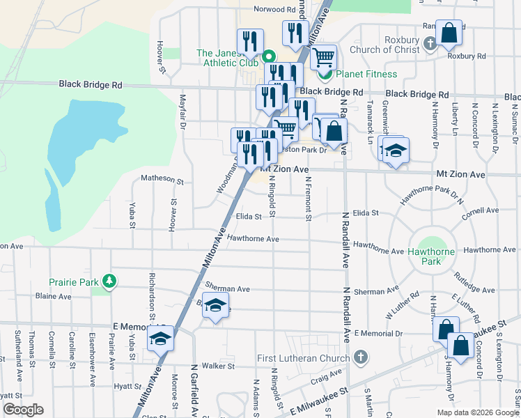 map of restaurants, bars, coffee shops, grocery stores, and more near 1211 Elida Street in Janesville