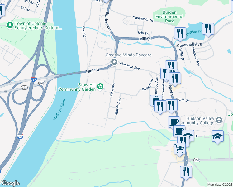 map of restaurants, bars, coffee shops, grocery stores, and more near 24 Cottage Street in Troy