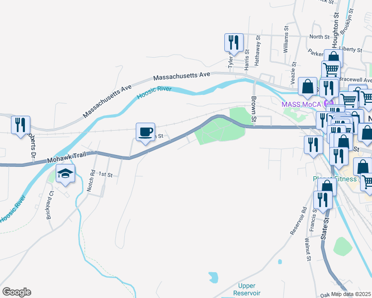 map of restaurants, bars, coffee shops, grocery stores, and more near 34 Charles Street in North Adams