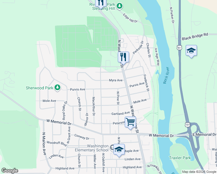 map of restaurants, bars, coffee shops, grocery stores, and more near 1702 Purvis Avenue in Janesville