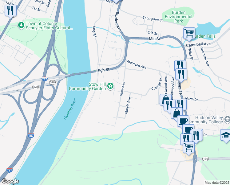 map of restaurants, bars, coffee shops, grocery stores, and more near 6 Cottage Street in Troy