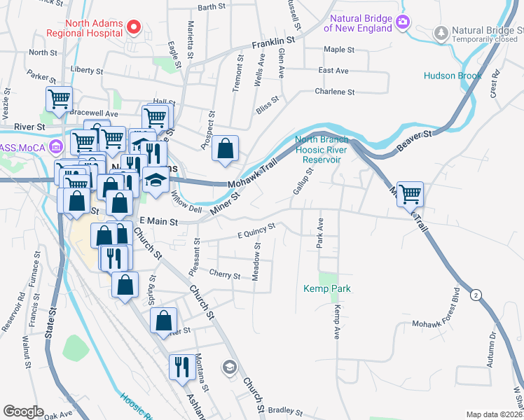 map of restaurants, bars, coffee shops, grocery stores, and more near 270-406 East Main Street in North Adams