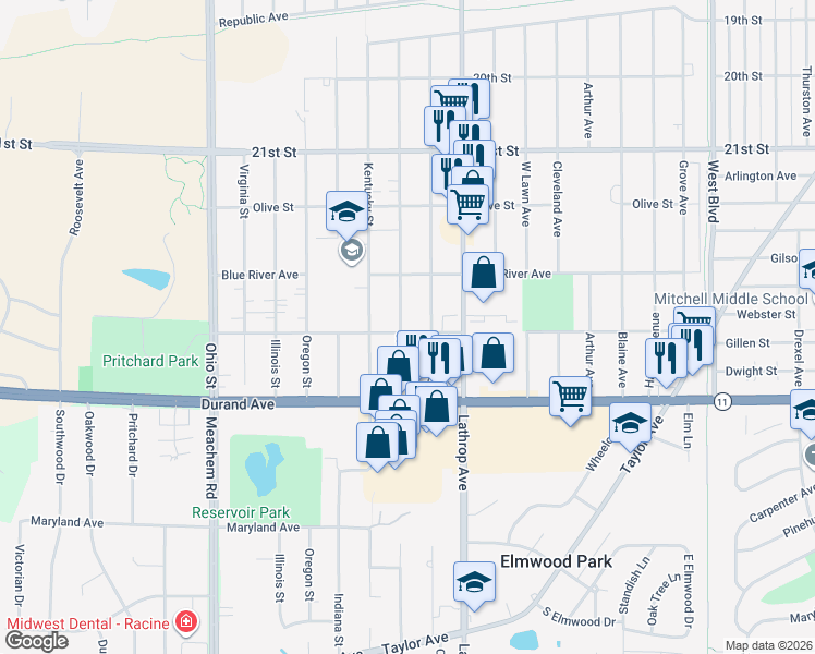 map of restaurants, bars, coffee shops, grocery stores, and more near 4020 Pierce Boulevard in Racine