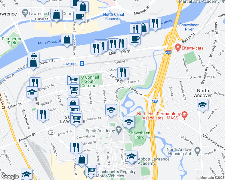 map of restaurants, bars, coffee shops, grocery stores, and more near 252 Bailey Street in Lawrence