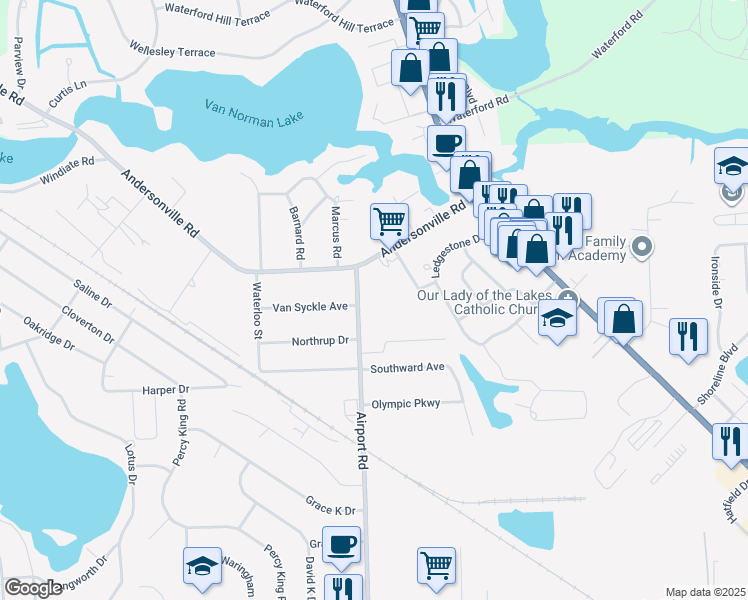 map of restaurants, bars, coffee shops, grocery stores, and more near 4144 Airport Road in Waterford Township