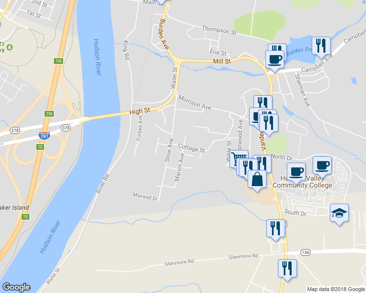 map of restaurants, bars, coffee shops, grocery stores, and more near 33 Cottage Street in Troy