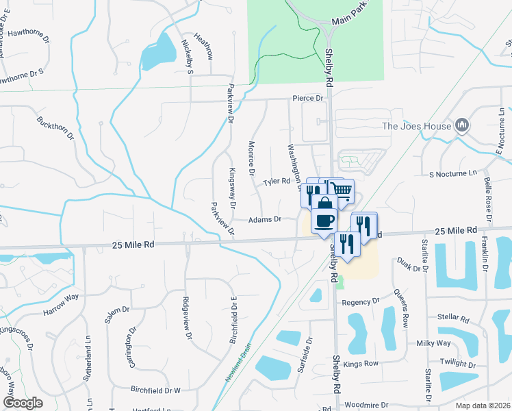 map of restaurants, bars, coffee shops, grocery stores, and more near 55143 Monroe Drive in Macomb County