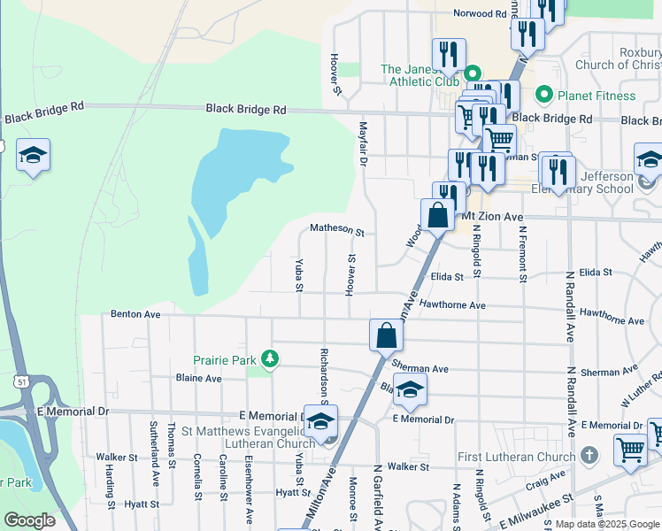 map of restaurants, bars, coffee shops, grocery stores, and more near 1158 Richardson Street in Janesville