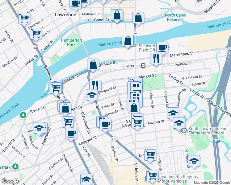 map of restaurants, bars, coffee shops, grocery stores, and more near 81 Salem Street in Lawrence