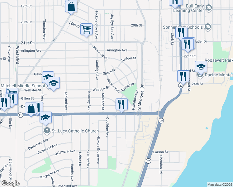 map of restaurants, bars, coffee shops, grocery stores, and more near 2710 James Boulevard in Racine