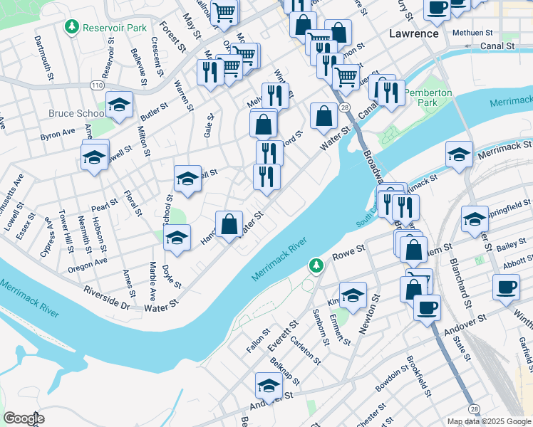 map of restaurants, bars, coffee shops, grocery stores, and more near 162 Water Street in Lawrence