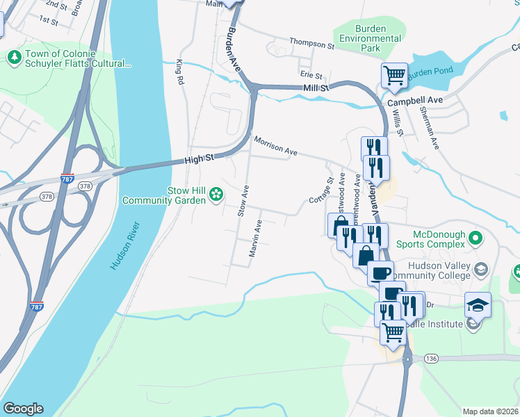 map of restaurants, bars, coffee shops, grocery stores, and more near 31 Cottage Street in Troy