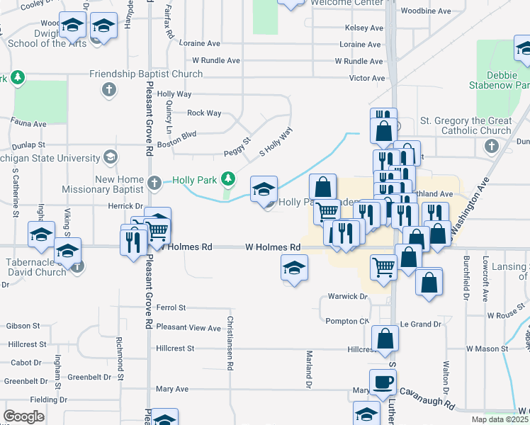 map of restaurants, bars, coffee shops, grocery stores, and more near 3300 Express Court in Lansing