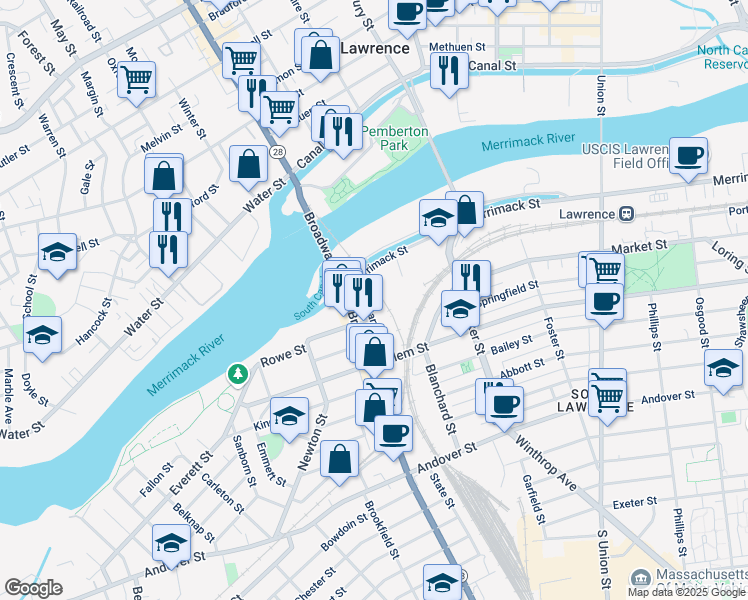 map of restaurants, bars, coffee shops, grocery stores, and more near 18 Carver Street in Lawrence