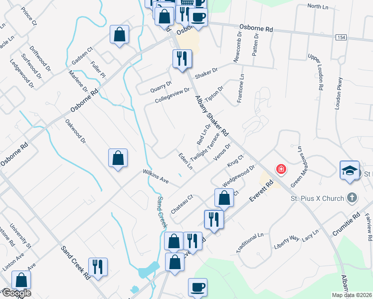 map of restaurants, bars, coffee shops, grocery stores, and more near 13 Eden Lane in Albany