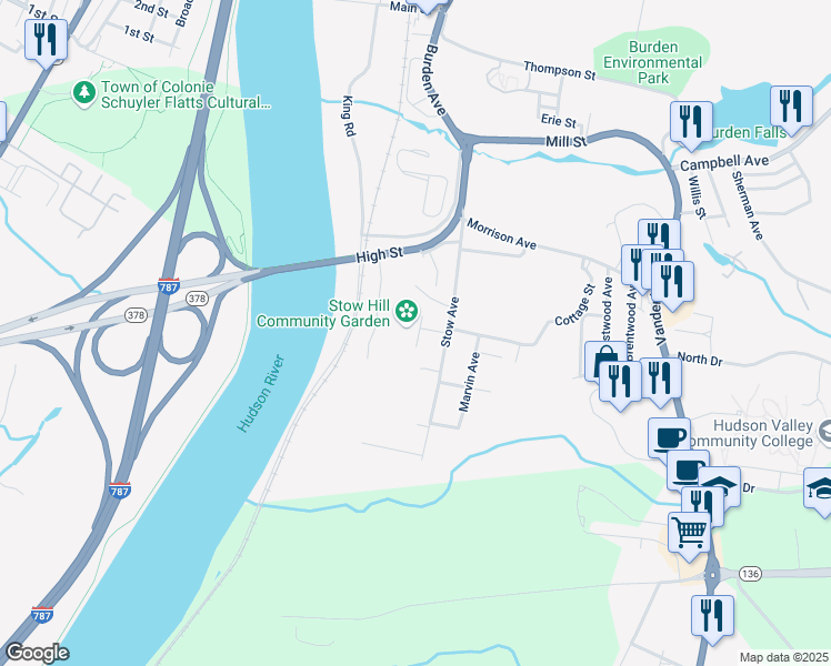 map of restaurants, bars, coffee shops, grocery stores, and more near 6 Cottage Street in Troy