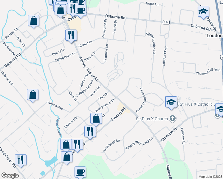 map of restaurants, bars, coffee shops, grocery stores, and more near 415 Albany Shaker Road in Albany