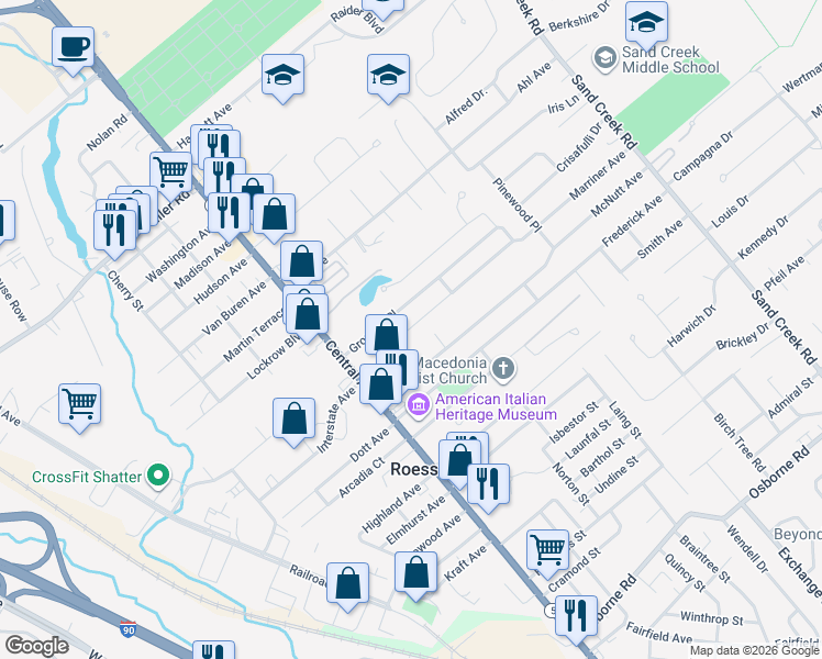map of restaurants, bars, coffee shops, grocery stores, and more near 9 Maplewood Court in Albany