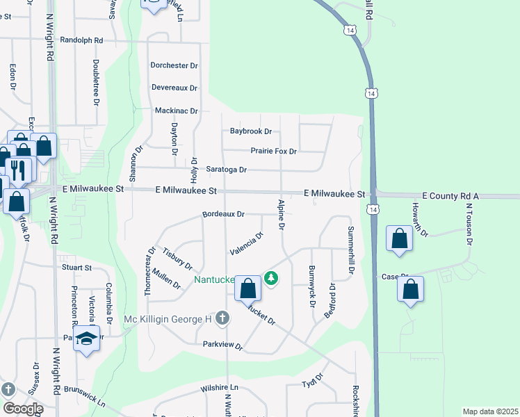 map of restaurants, bars, coffee shops, grocery stores, and more near 4257 Bordeaux Drive in Janesville