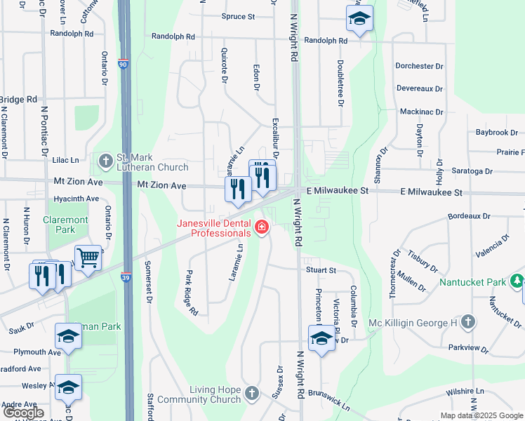 map of restaurants, bars, coffee shops, grocery stores, and more near 1227 Suffolk Drive in Janesville